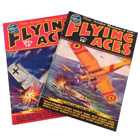 Flying Aces Magazine Lot July & August 1937 Pulp Aviation Stories Schomburg Art - Picture 1 of 10